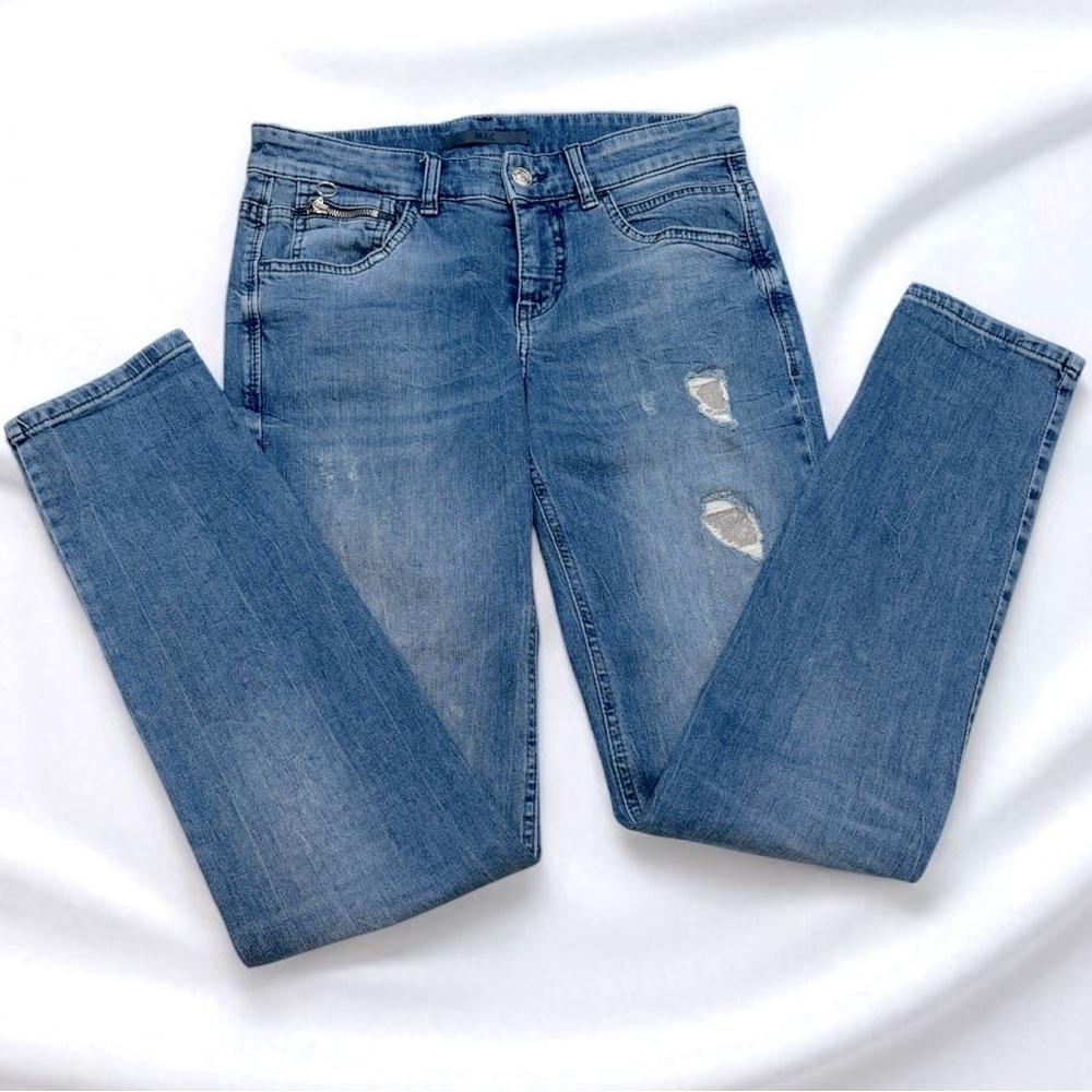 MAC JEANS (4) Slim Jeans Zip Detail Destoyed Glam Straight Leg Medium Wash
